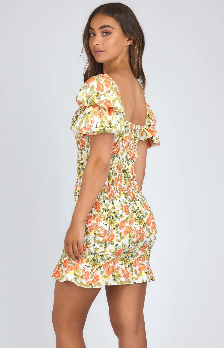 Printed Square Neckline Shirred Dress (SDR983A) 