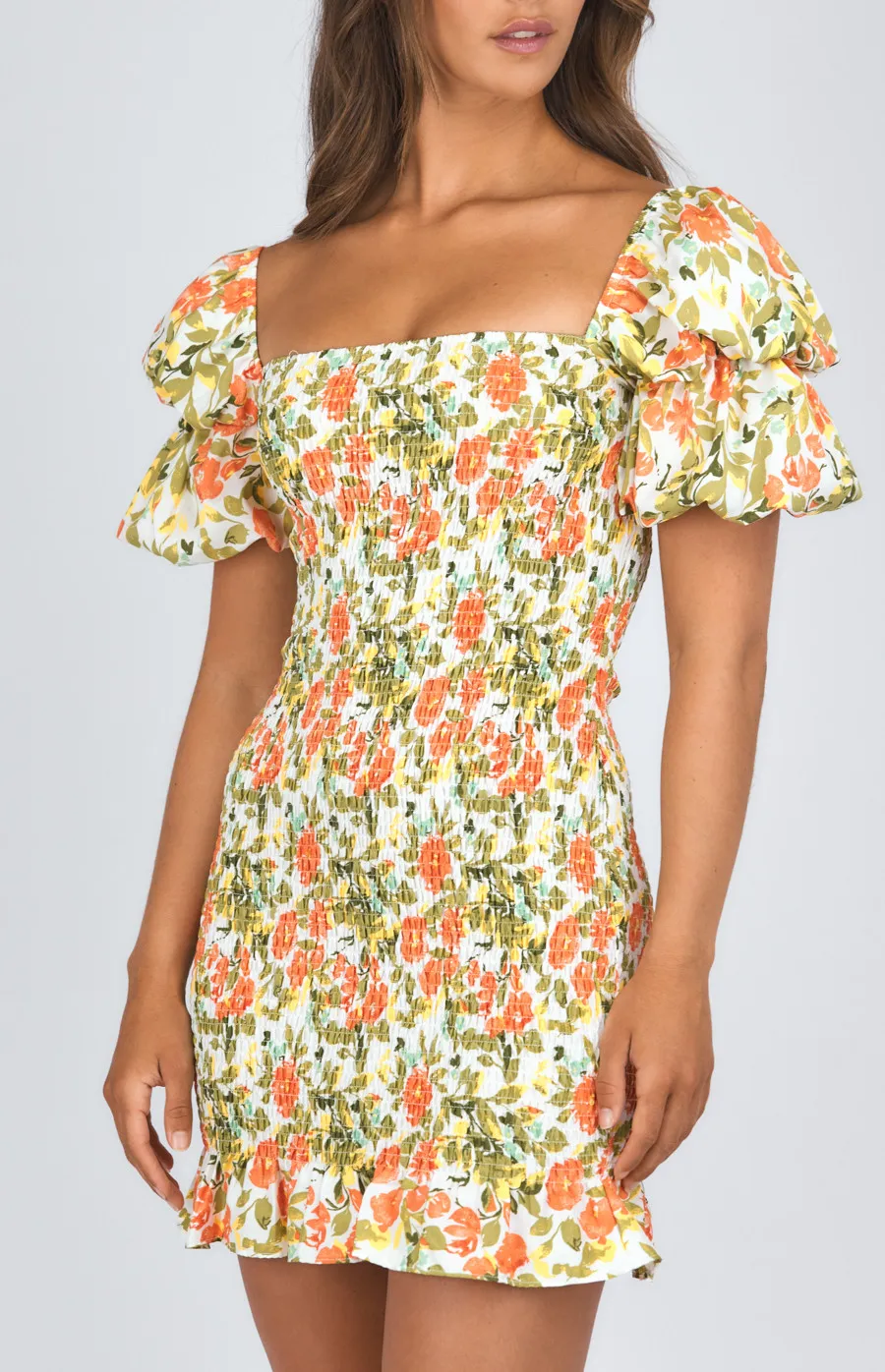 Printed Square Neckline Shirred Dress (SDR983A) 