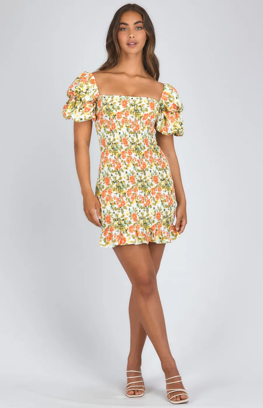 Printed Square Neckline Shirred Dress (SDR983A) 