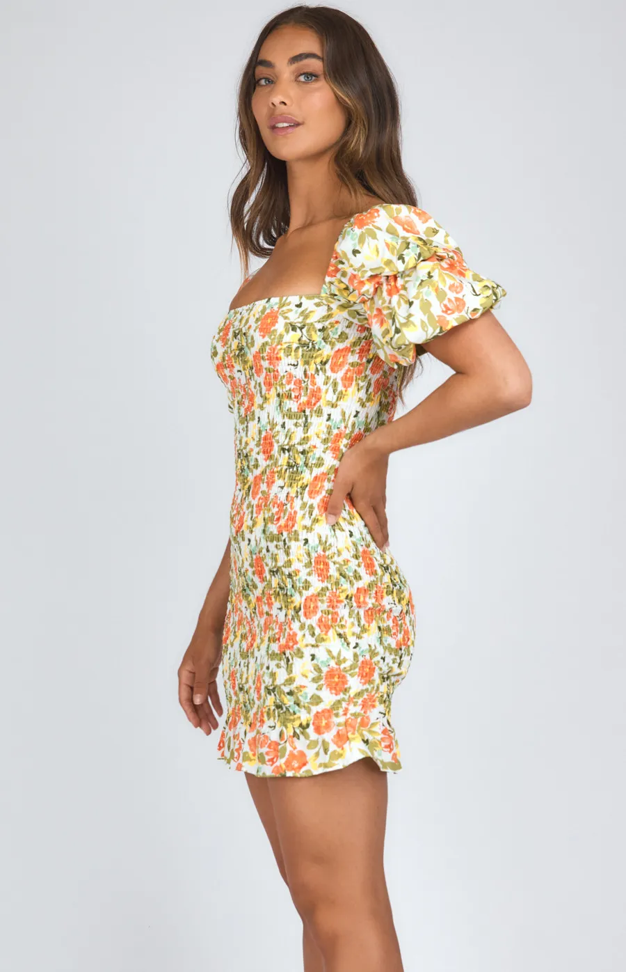 Printed Square Neckline Shirred Dress (SDR983A) 