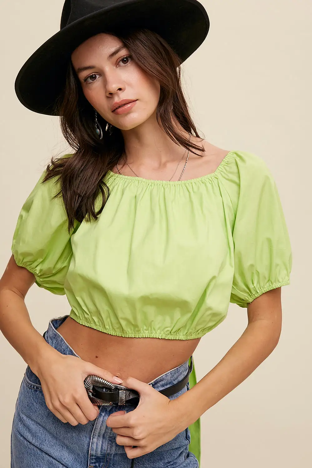 Puff Sleeve Back Tie Crop Top