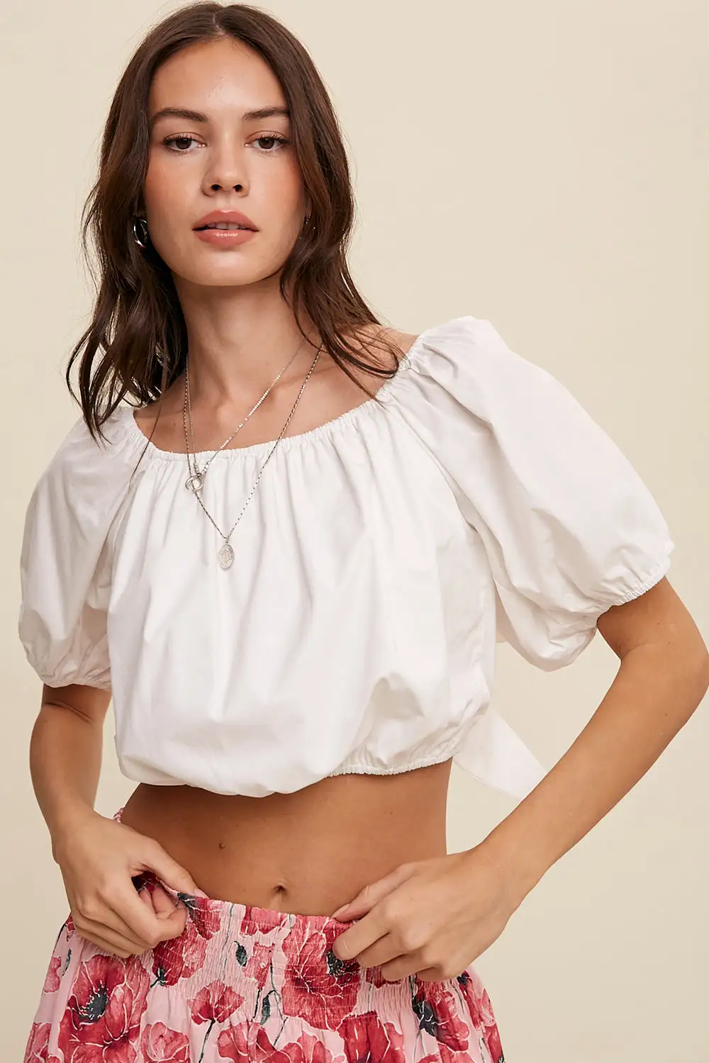 Puff Sleeve Back Tie Crop Top