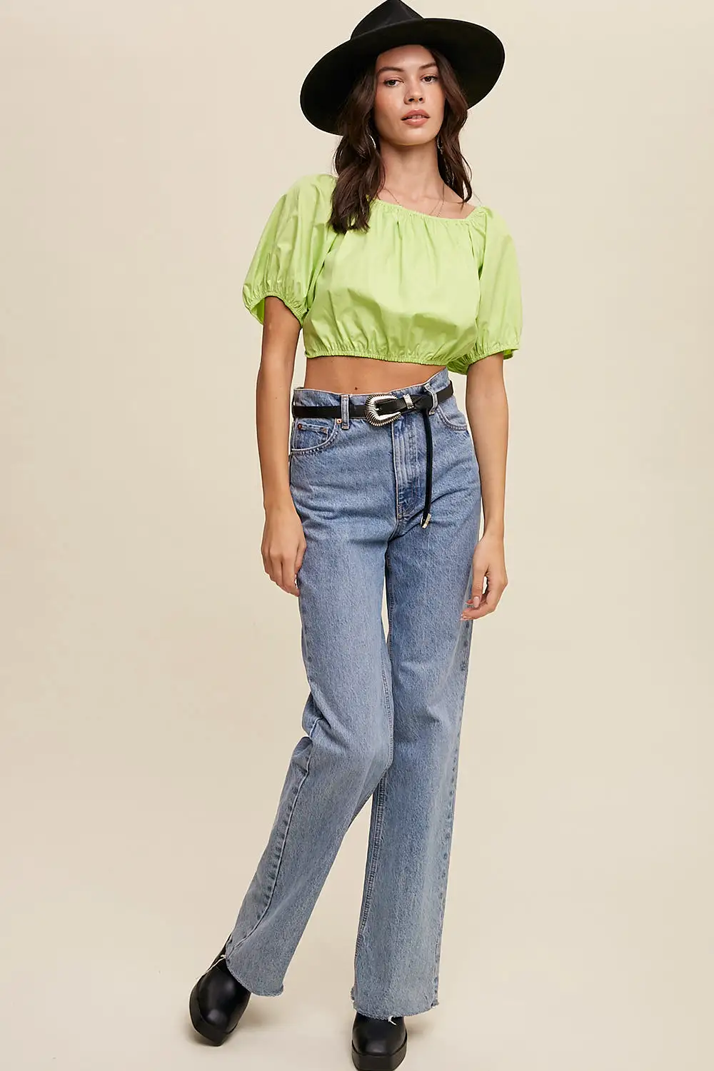 Puff Sleeve Back Tie Crop Top