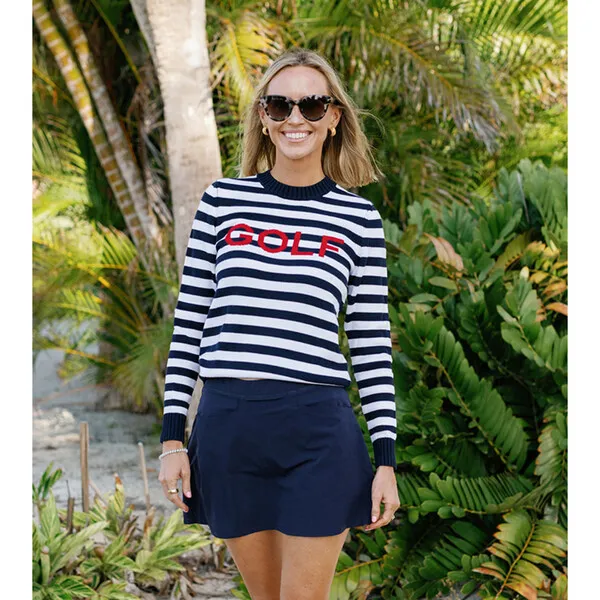 Renwick Sport Women's Club Golf Striped Rib Trim Sweater, Navy & White