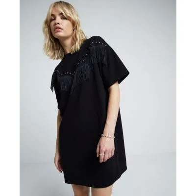 River Island Womens Black Western Fringe T-Shirt Mini Dress