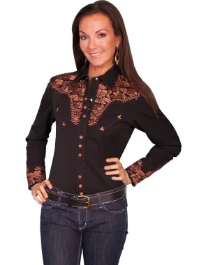 Scully Western Womens Black Polyester L/S Floral Stitch Western Shirt M