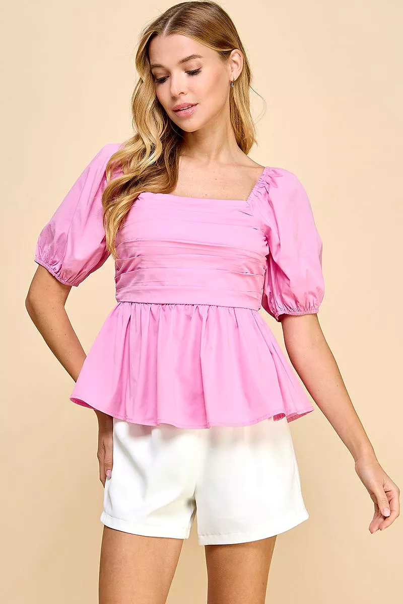 Square Neckline Puff Sleeve Pleated Top