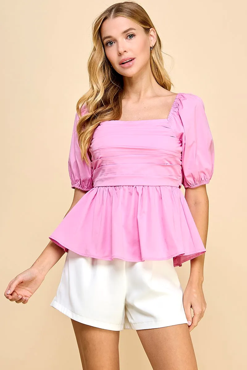 Square Neckline Puff Sleeve Pleated Top