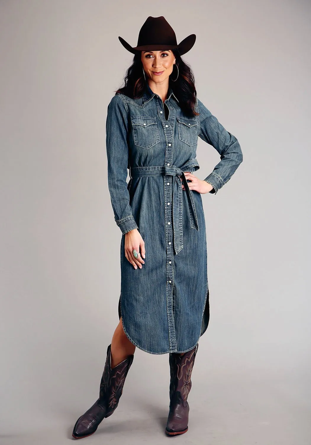 Stetson Womens Dirty Western Dark Denim 100% Cotton L/S Dress L