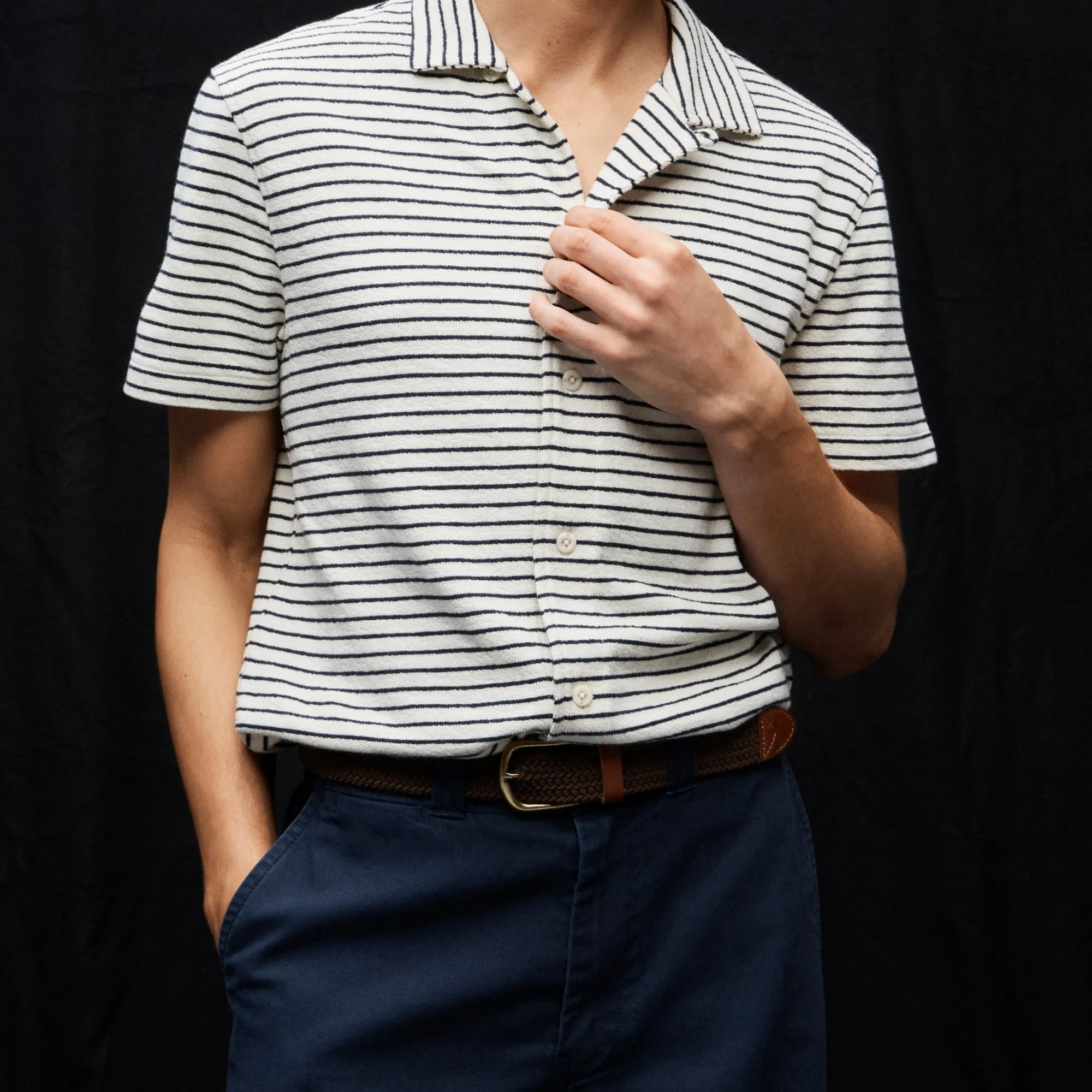 Textured camp-collar sweater-tee in stripe