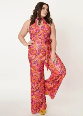 Unique Vintage Smak Parlor Glamor Goddess Floral 70's Jumpsuit Pink