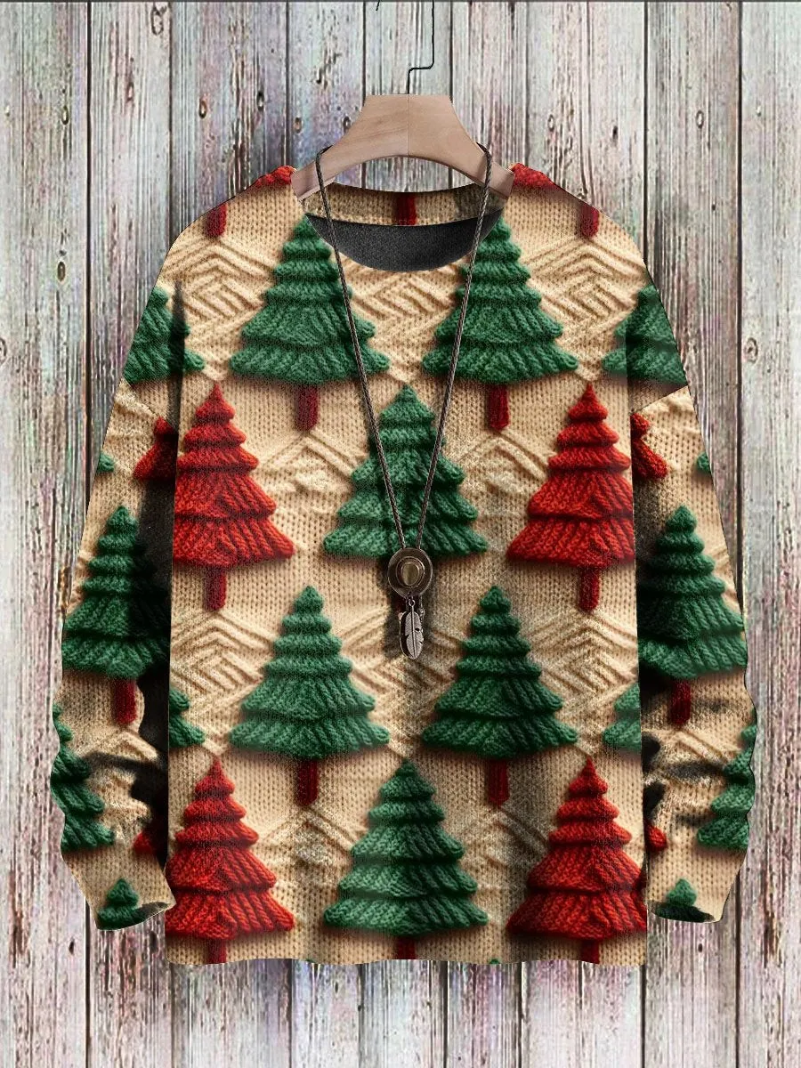 Unisex Embroidered Red And Green Christmas Tree Print Casual Round Neck Knitted Sweater