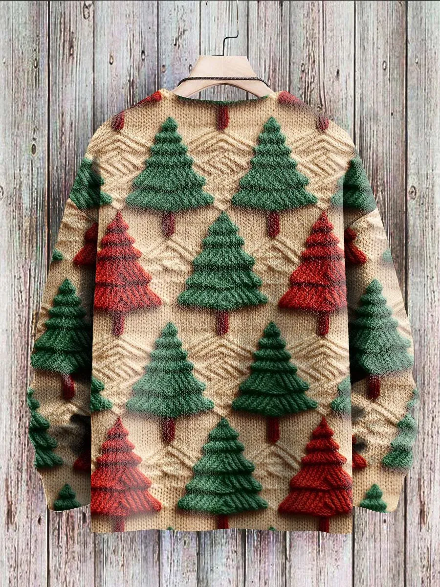 Unisex Embroidered Red And Green Christmas Tree Print Casual Round Neck Knitted Sweater