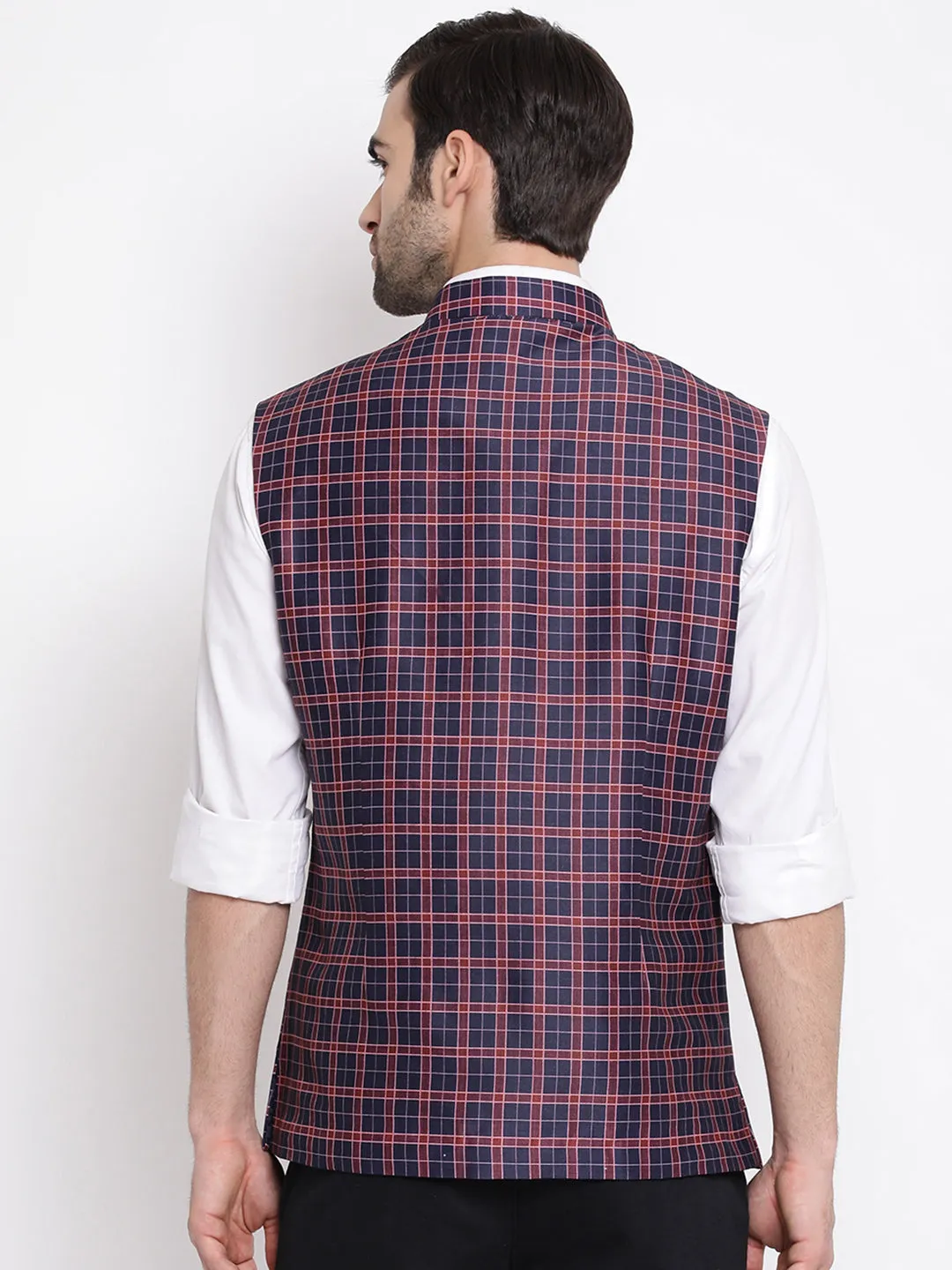 VASTRAMAY Men's Blue Checked And Angrakha Pattern Classic Nehru Jacket