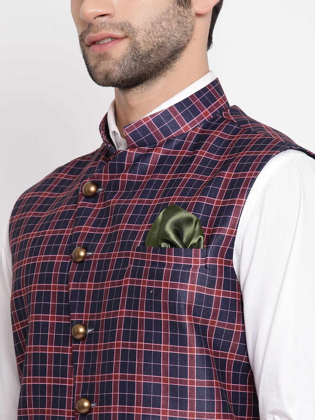 VASTRAMAY Men's Blue Checked And Angrakha Pattern Classic Nehru Jacket