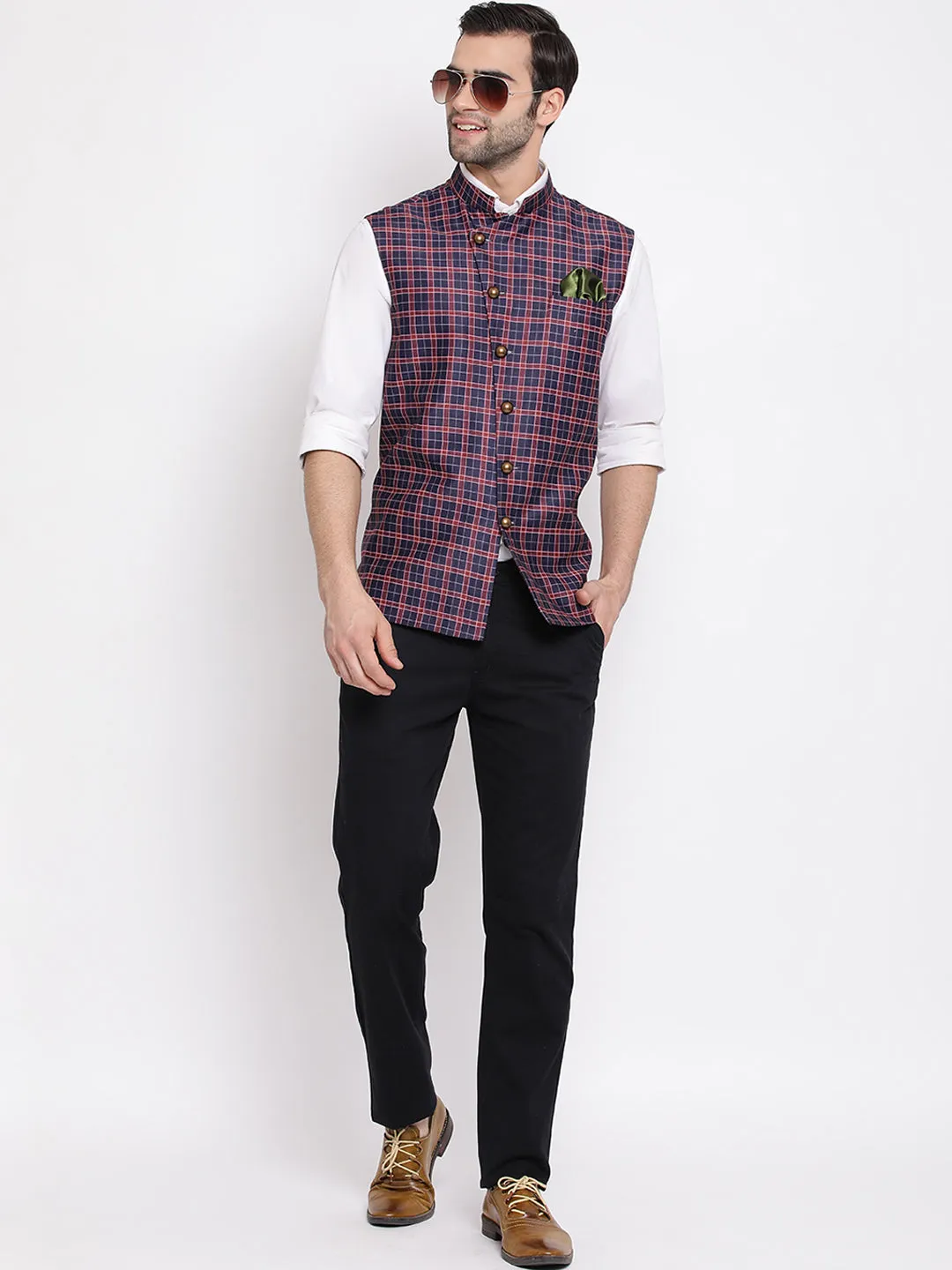 VASTRAMAY Men's Blue Checked And Angrakha Pattern Classic Nehru Jacket