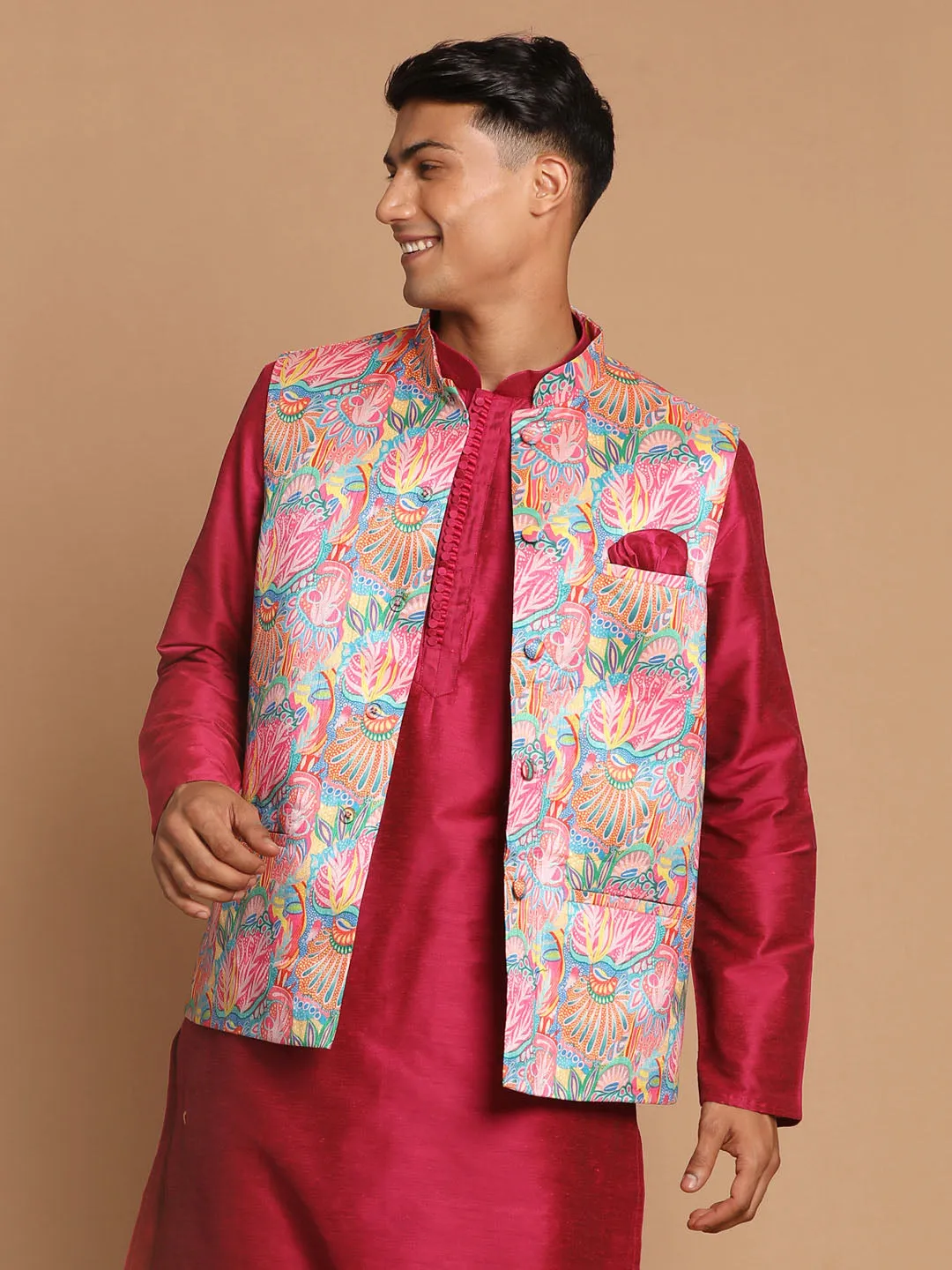 VASTRAMAY Men's Multi-Color Printed Nehru Jacket