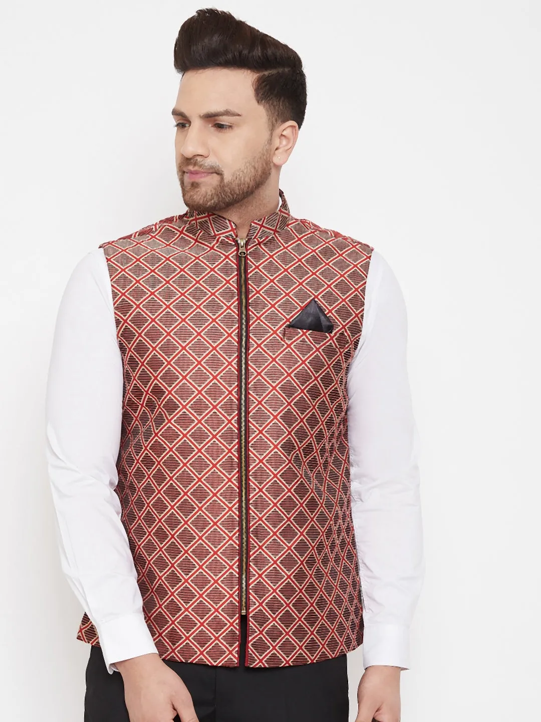 VASTRAMAY Men's Red Jute Cotton Zipper Nehru Jacket