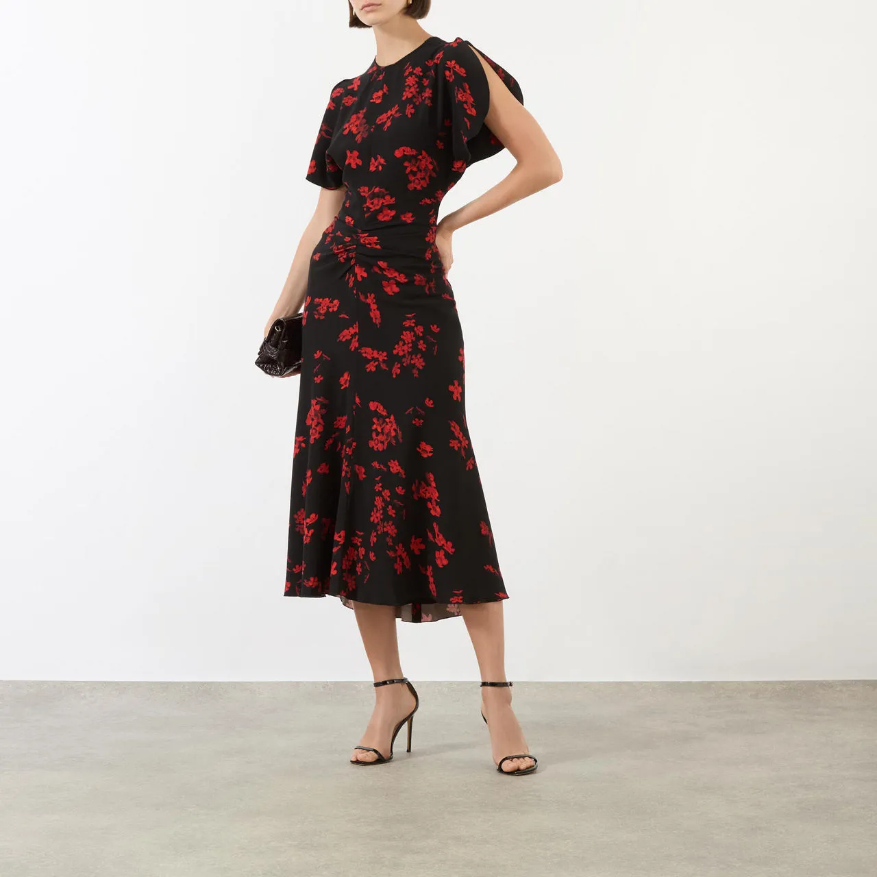 VICTORIA BECKHAM Printed Gathered Waist Dress - SCIFI FLORAL BLACK 8966