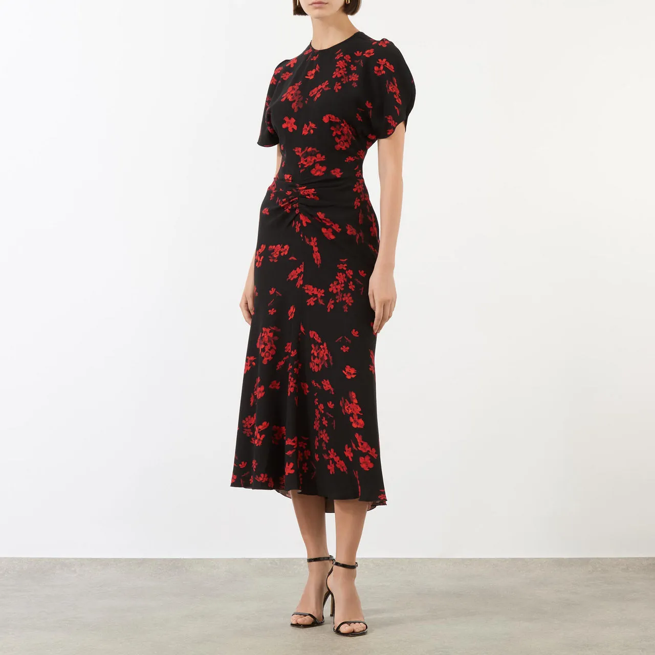 VICTORIA BECKHAM Printed Gathered Waist Dress - SCIFI FLORAL BLACK 8966