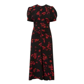 VICTORIA BECKHAM Printed Gathered Waist Dress - SCIFI FLORAL BLACK 8966