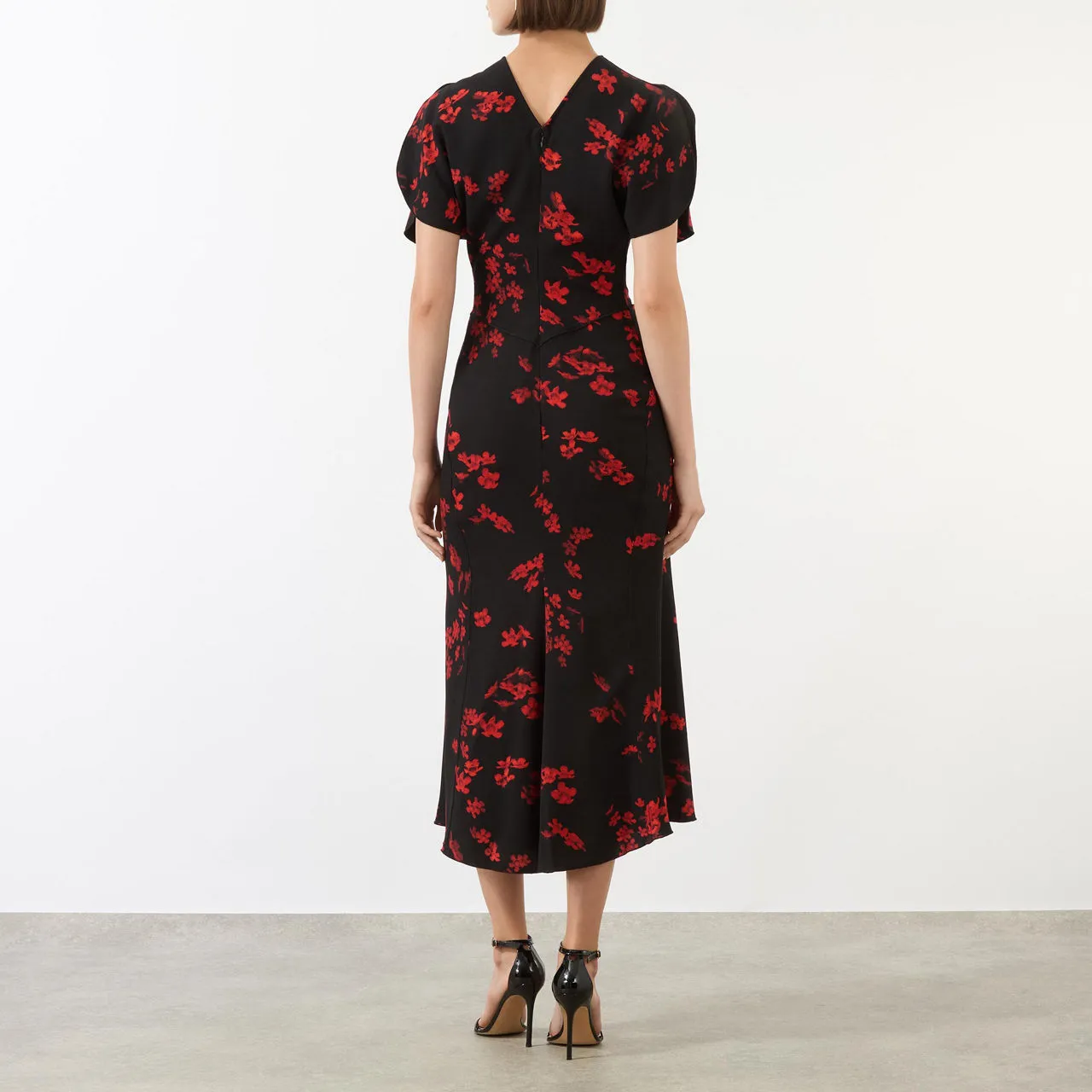 VICTORIA BECKHAM Printed Gathered Waist Dress - SCIFI FLORAL BLACK 8966