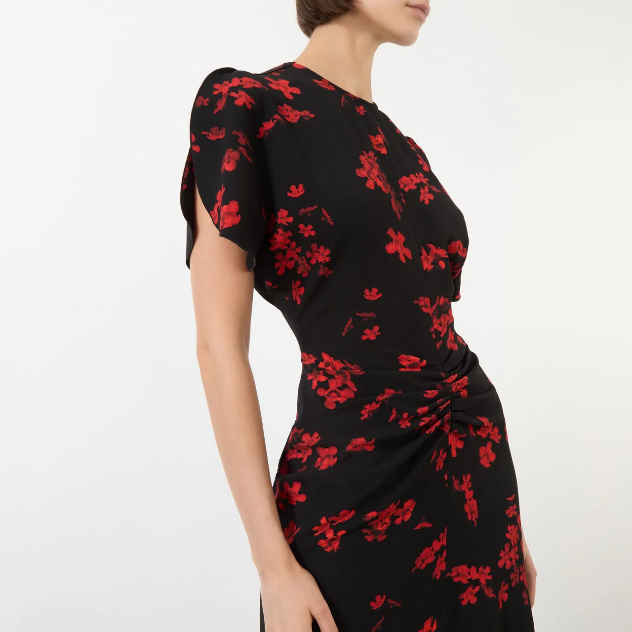 VICTORIA BECKHAM Printed Gathered Waist Dress - SCIFI FLORAL BLACK 8966