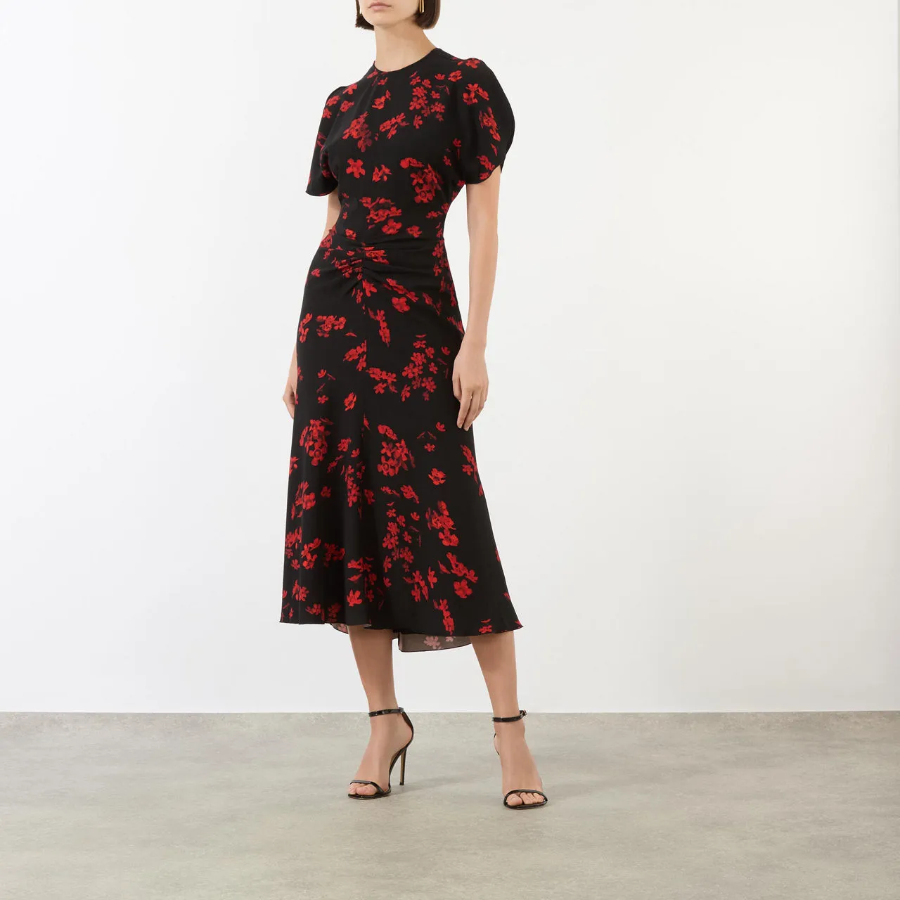 VICTORIA BECKHAM Printed Gathered Waist Dress - SCIFI FLORAL BLACK 8966