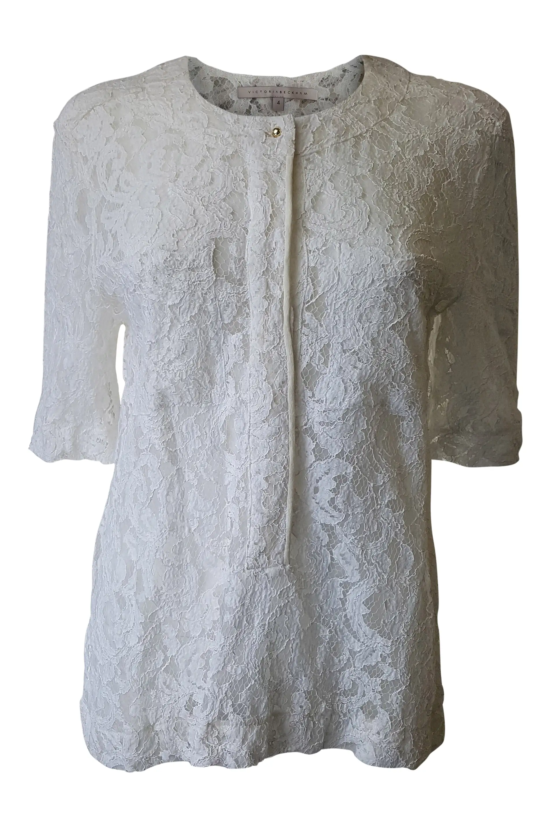 VICTORIA BECKHAM White Cotton Blend Lace Sheer Shirt (4)