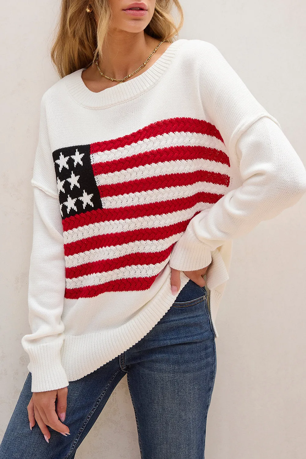 White American Flag Cable Knit Drop Shoulder Sweater