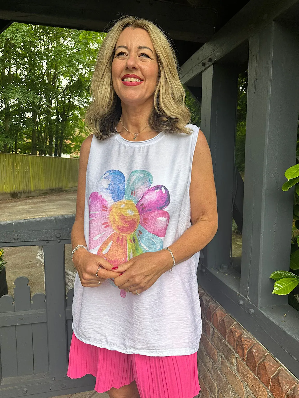 White Colourful Daisy Tank Top Emily