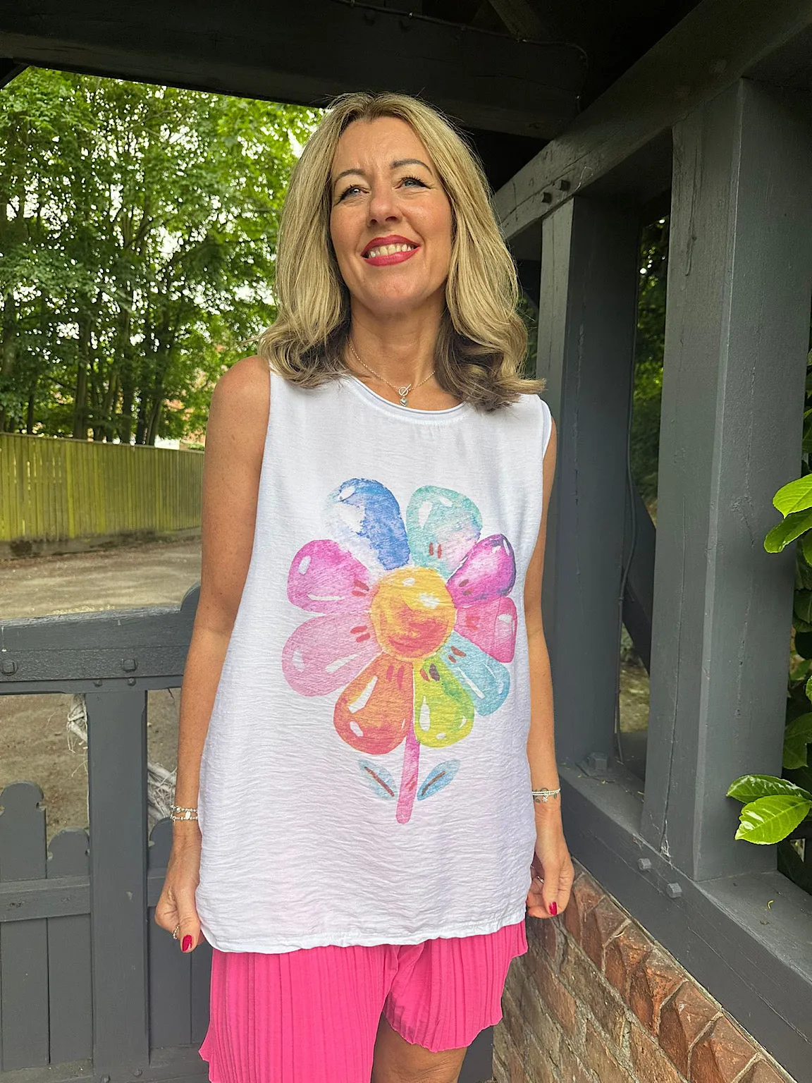 White Colourful Daisy Tank Top Emily