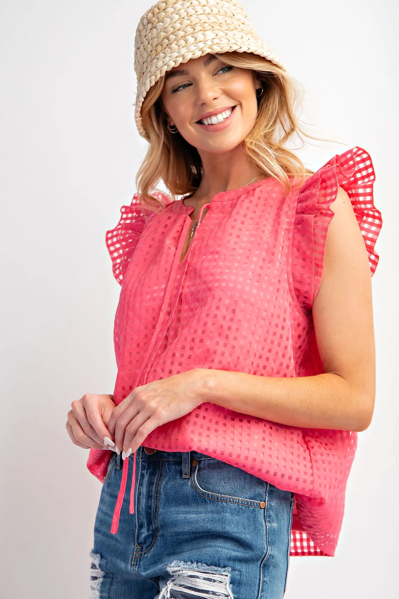 Wing Sleeve Square Pattern Poly Woven Top