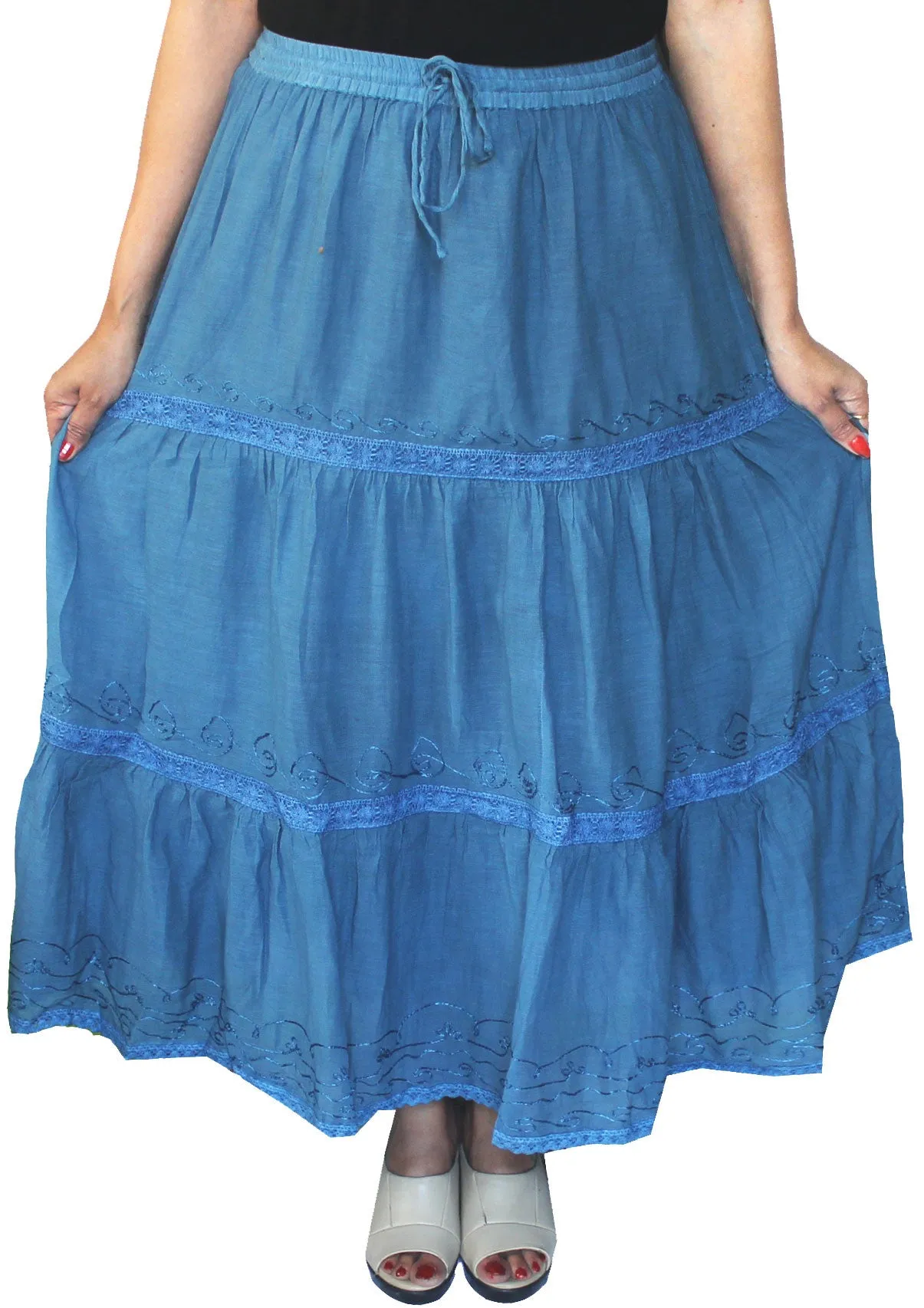 Women Solid Embroidered Cotton Skirt India Clothes (Blue)