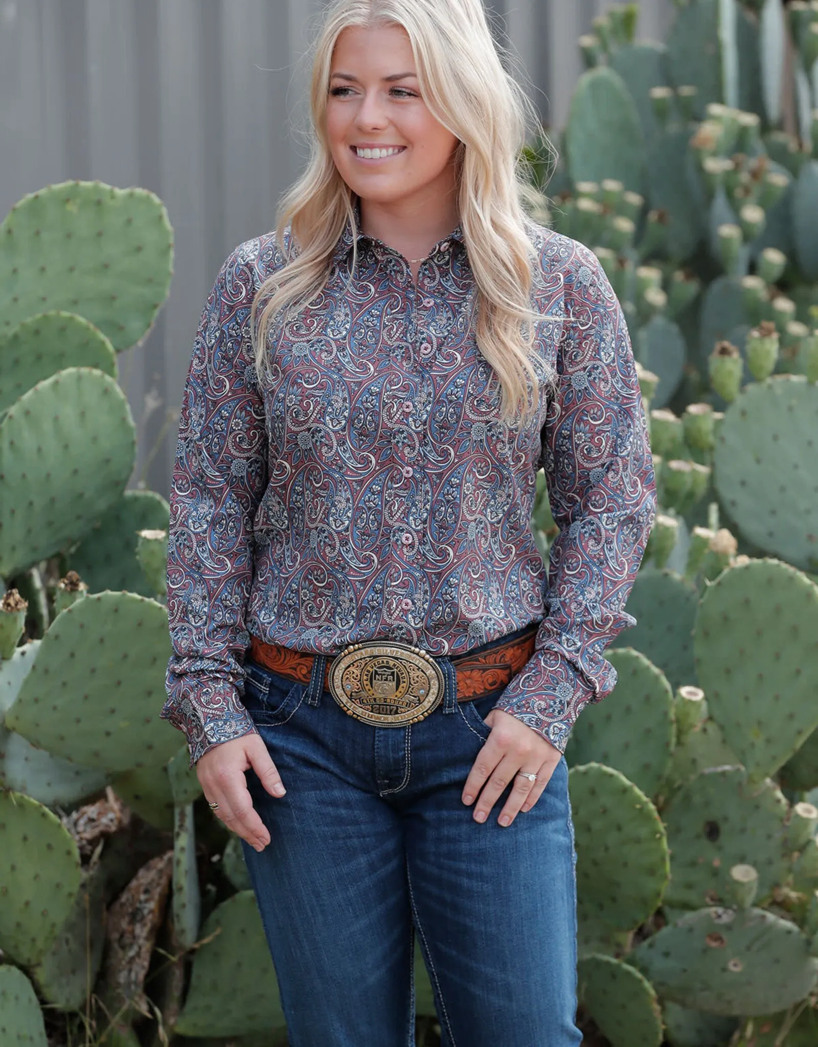 Womens Cinch Burgundy and Blue Paisley Arena Flex Long Sleeve Button Western Shirt