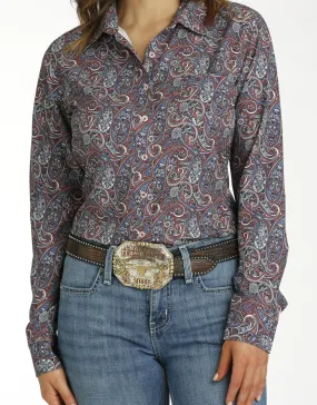 Womens Cinch Burgundy and Blue Paisley Arena Flex Long Sleeve Button Western Shirt