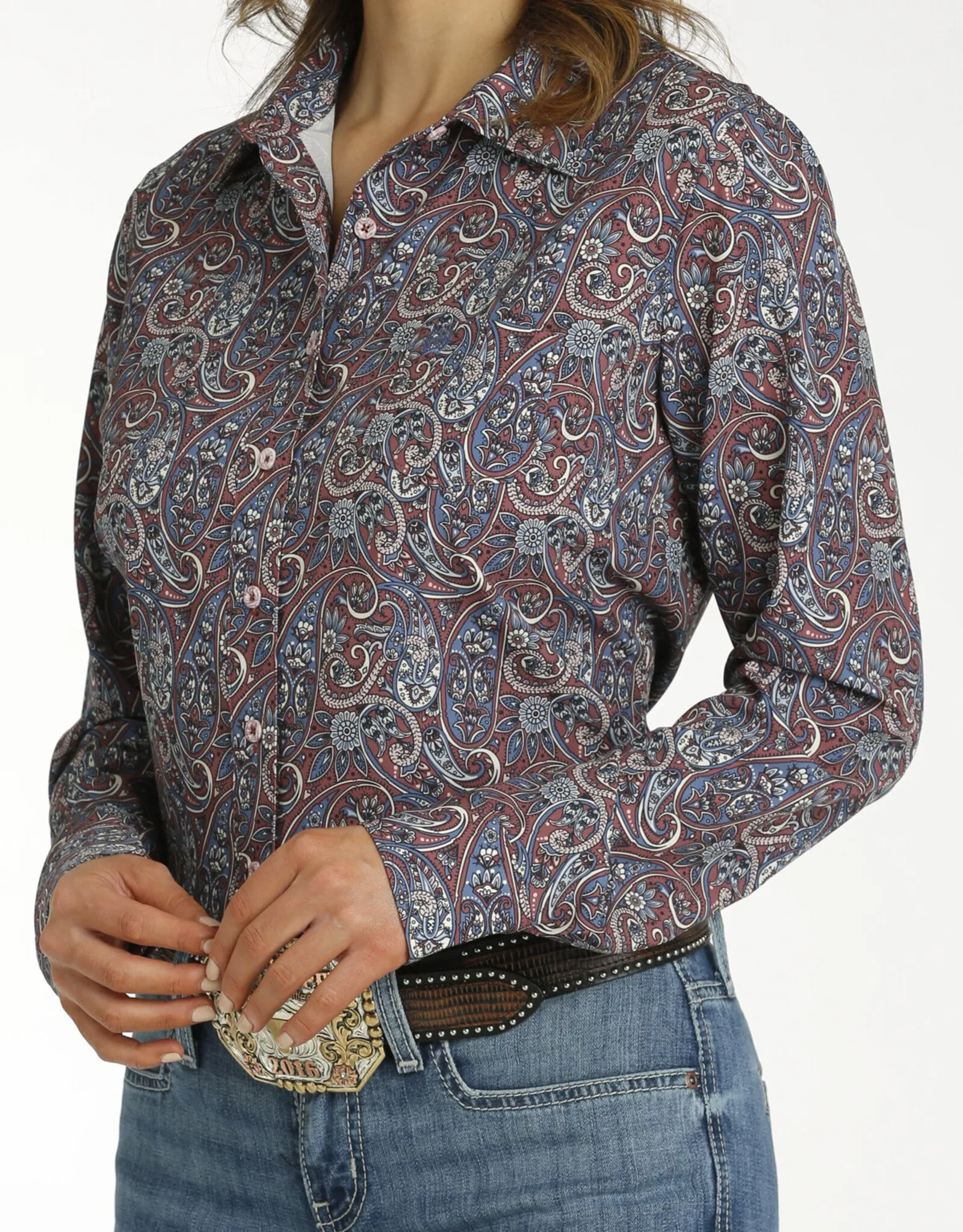 Womens Cinch Burgundy and Blue Paisley Arena Flex Long Sleeve Button Western Shirt