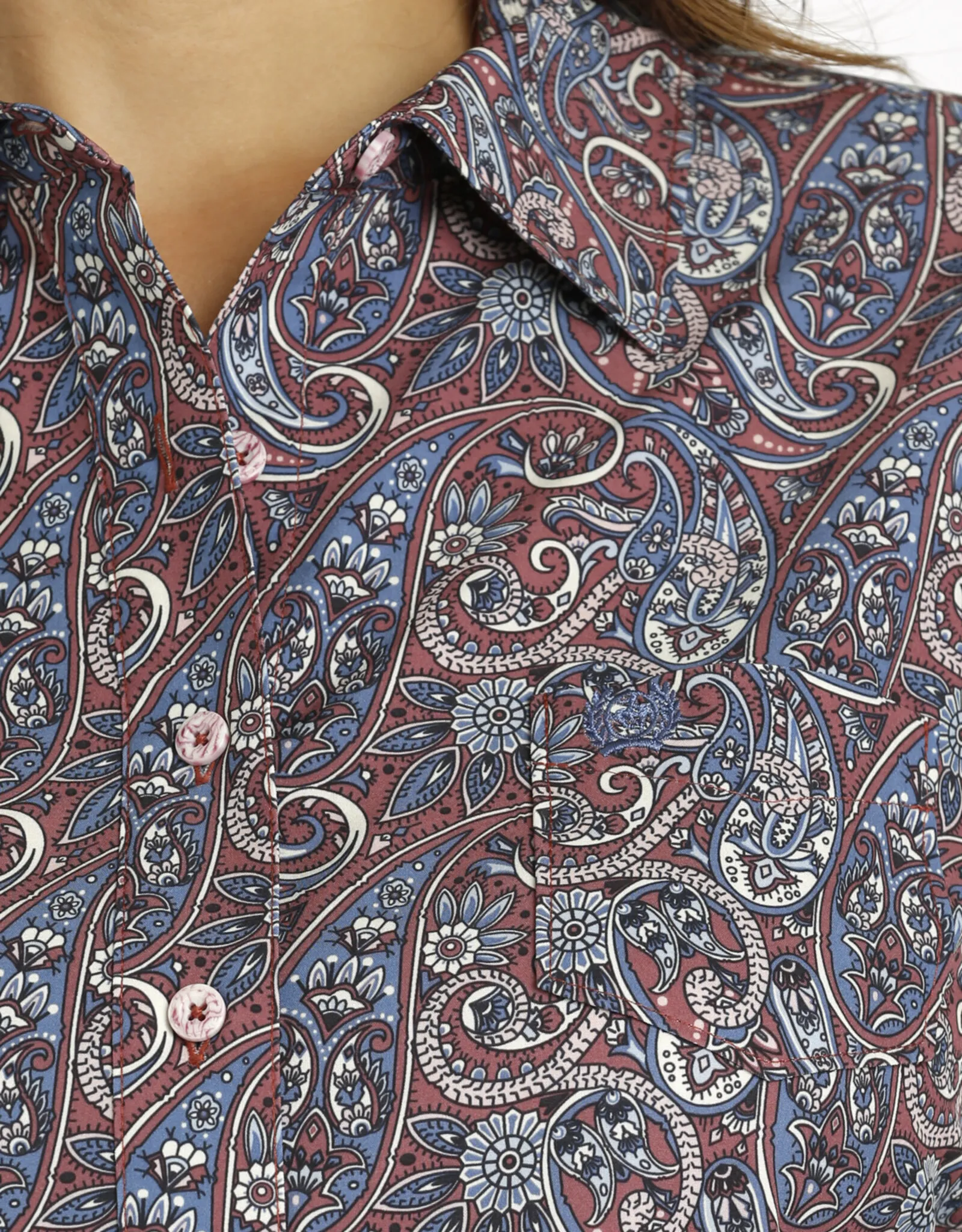 Womens Cinch Burgundy and Blue Paisley Arena Flex Long Sleeve Button Western Shirt