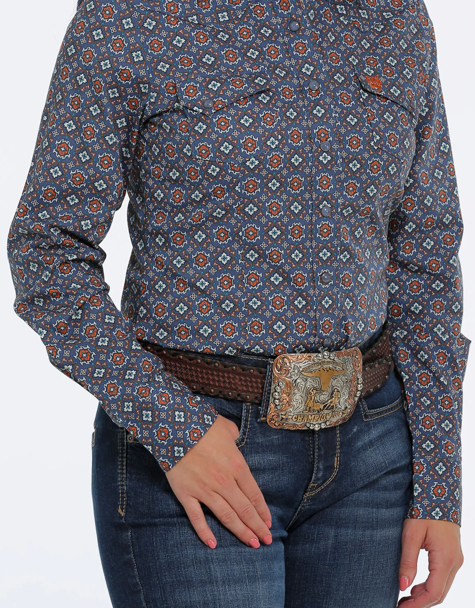 Womens Cinch Long Sleeve Blue Rust Print Snap Western Shirt