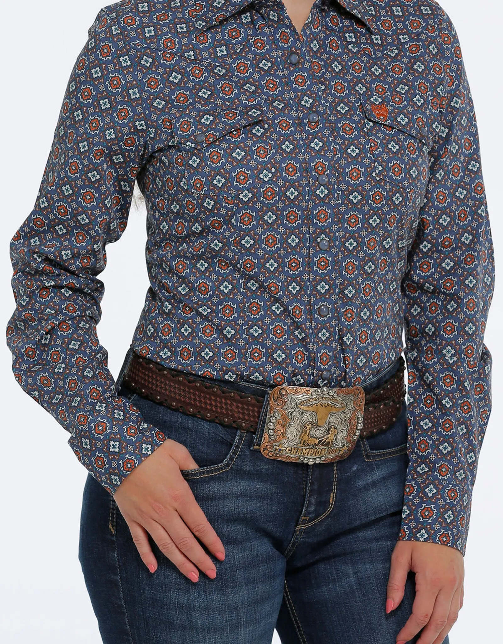 Womens Cinch Long Sleeve Blue Rust Print Snap Western Shirt