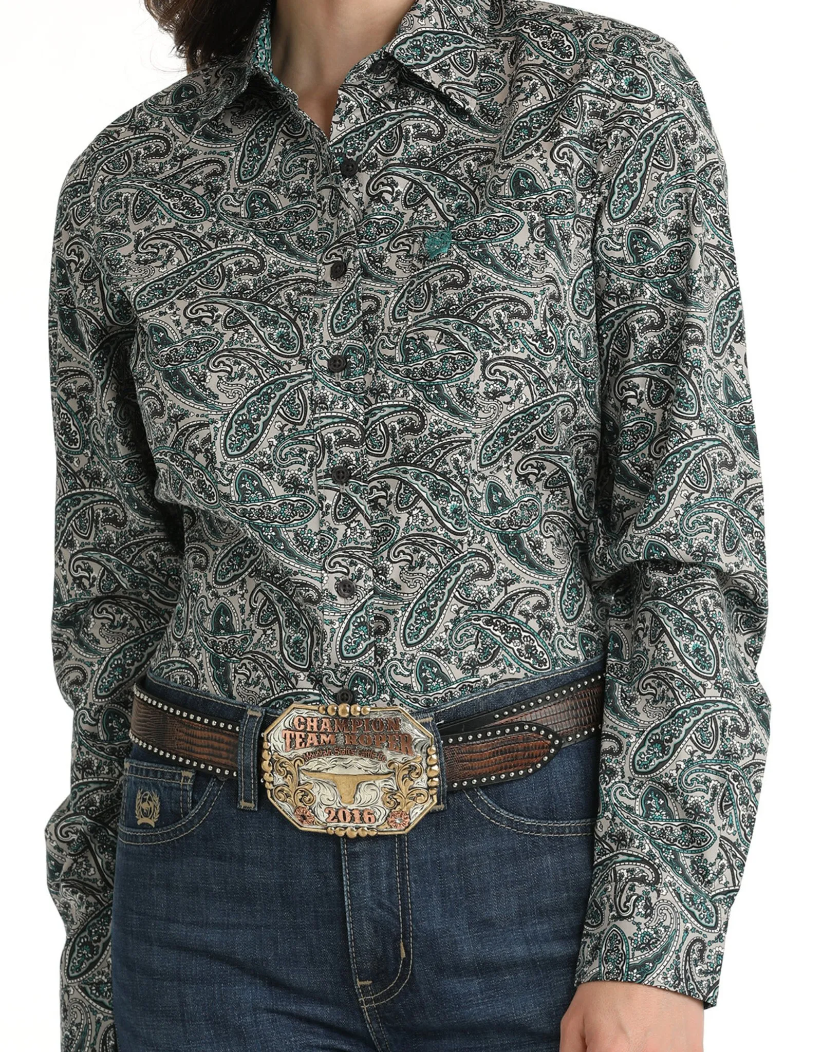 Womens Cinch Stretch Grey and Green Paisley Long Sleeve Button Down Western Arena Shirt