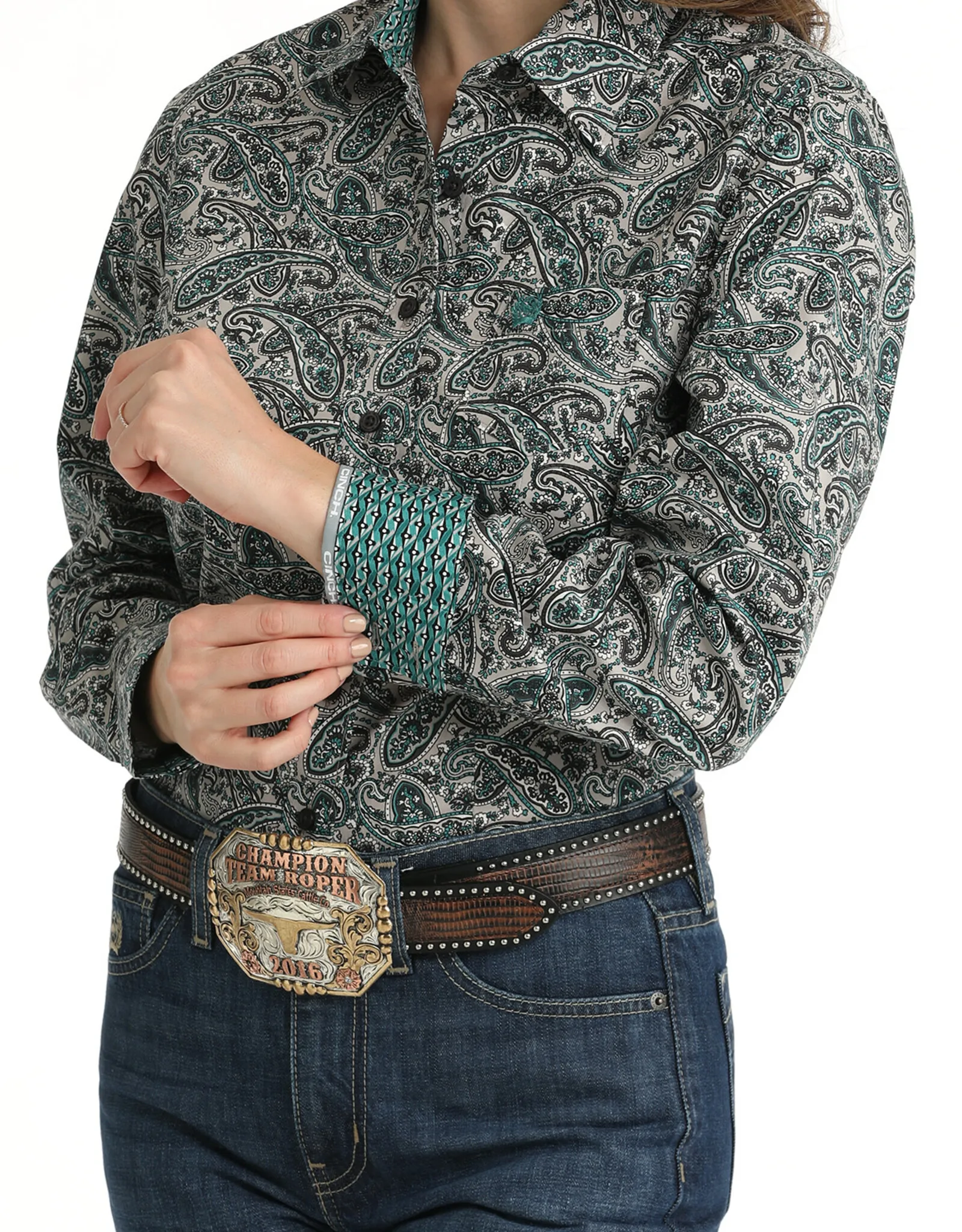 Womens Cinch Stretch Grey and Green Paisley Long Sleeve Button Down Western Arena Shirt