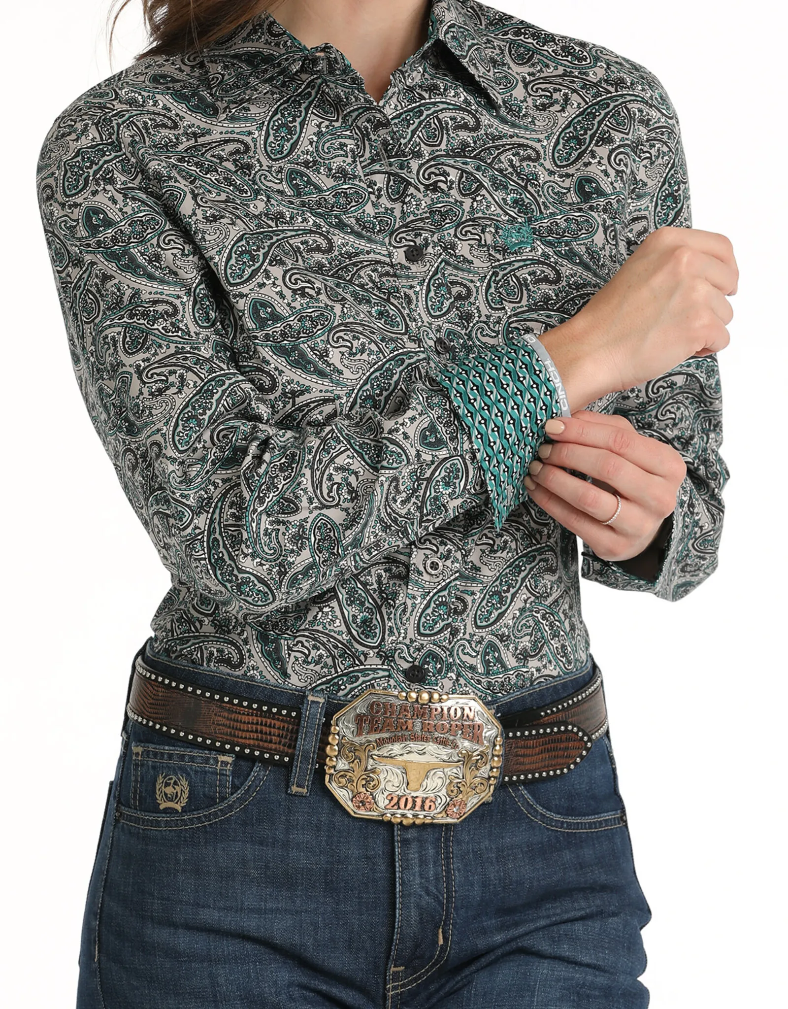 Womens Cinch Stretch Grey and Green Paisley Long Sleeve Button Down Western Arena Shirt