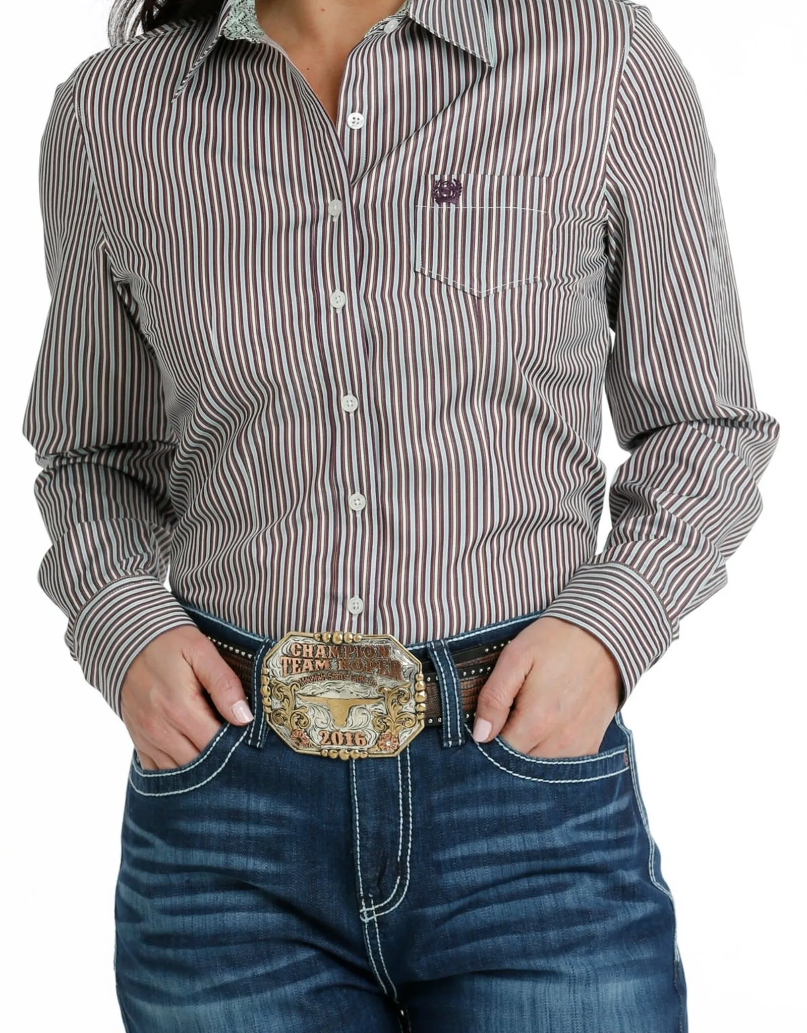 Womens Cinch Tencel Grey Plum Brown and Sage Green Stripe Long Sleeve Button Down Western Arena Shirt