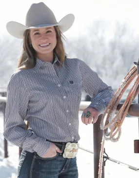 Womens Cinch Tencel Grey Plum Brown and Sage Green Stripe Long Sleeve Button Down Western Arena Shirt