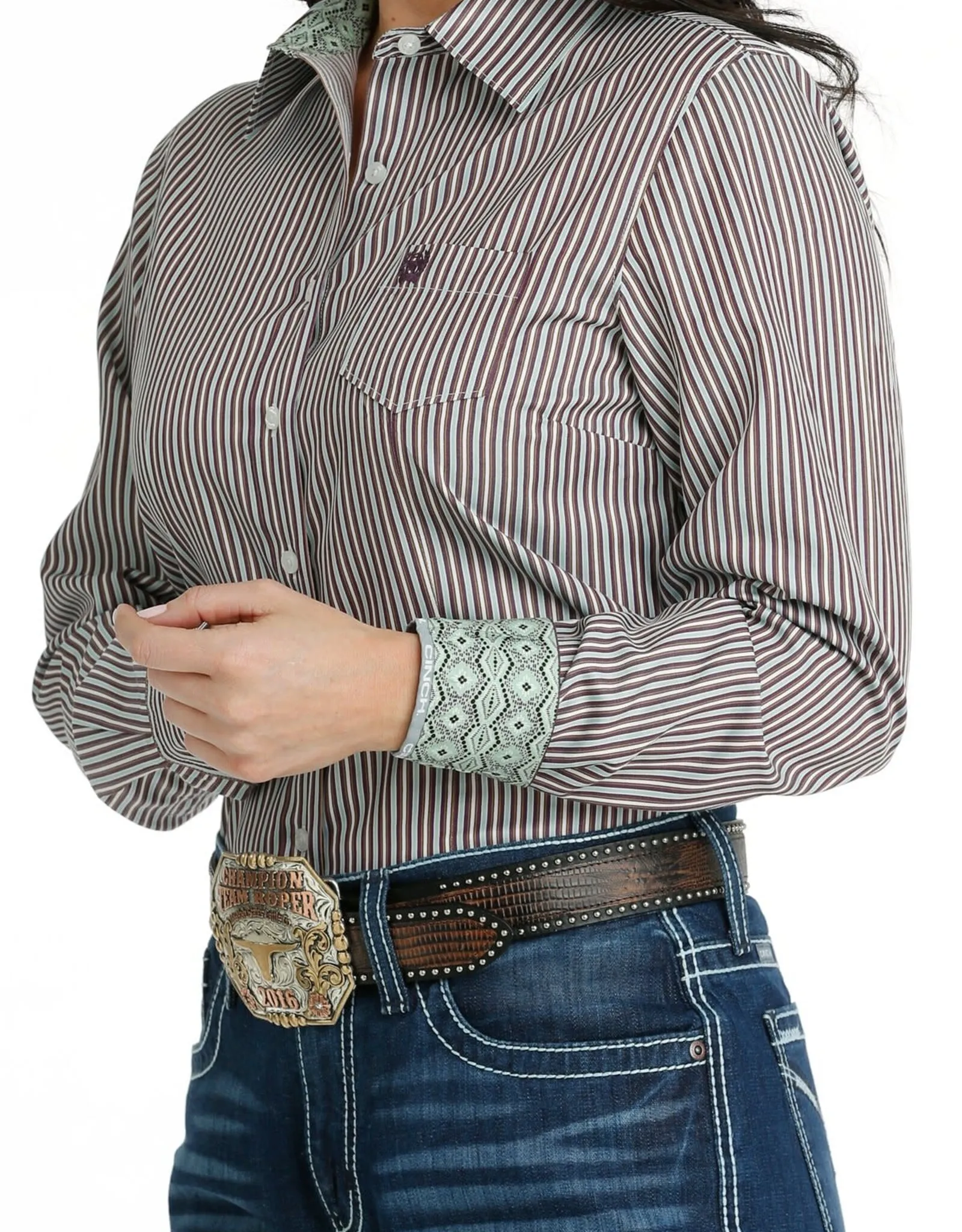 Womens Cinch Tencel Grey Plum Brown and Sage Green Stripe Long Sleeve Button Down Western Arena Shirt