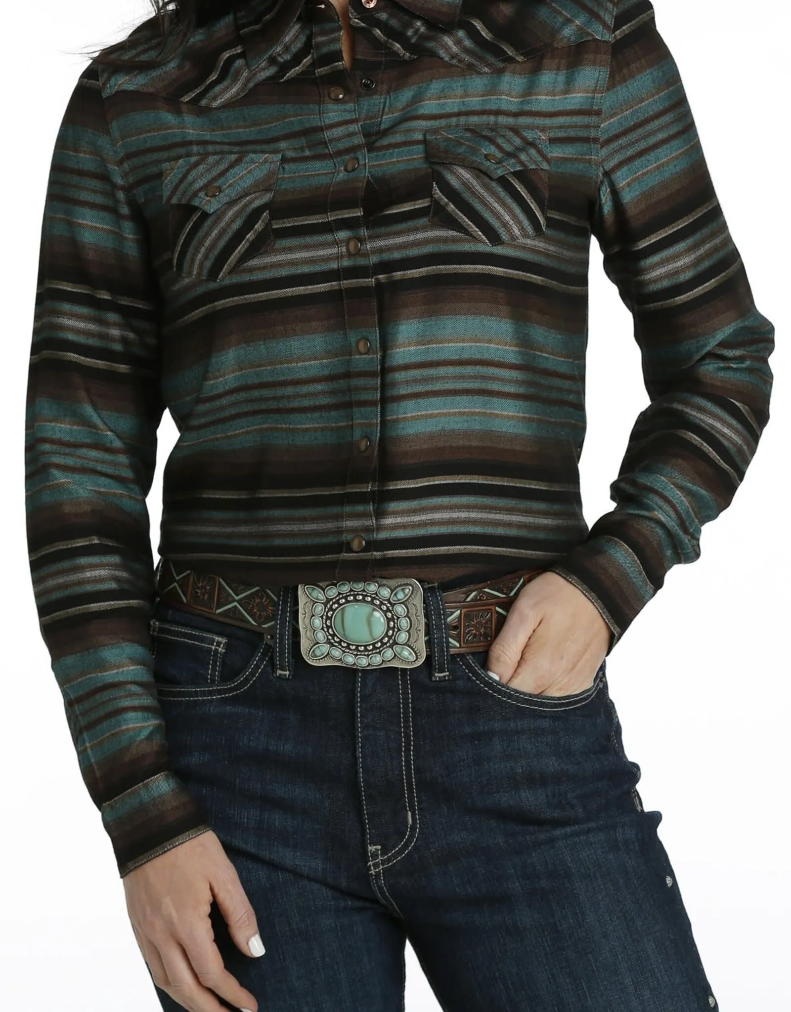 Womens Cruel Denim Long Sleeve Brown Teal Stripe Western Snap Shirt