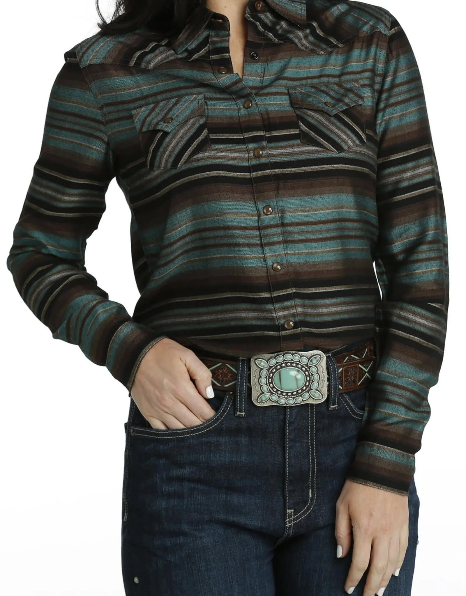 Womens Cruel Denim Long Sleeve Brown Teal Stripe Western Snap Shirt