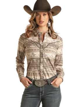 Womens Dale Brisby Taupe Chocolate Western Scene Aztec Western Snap Shirt