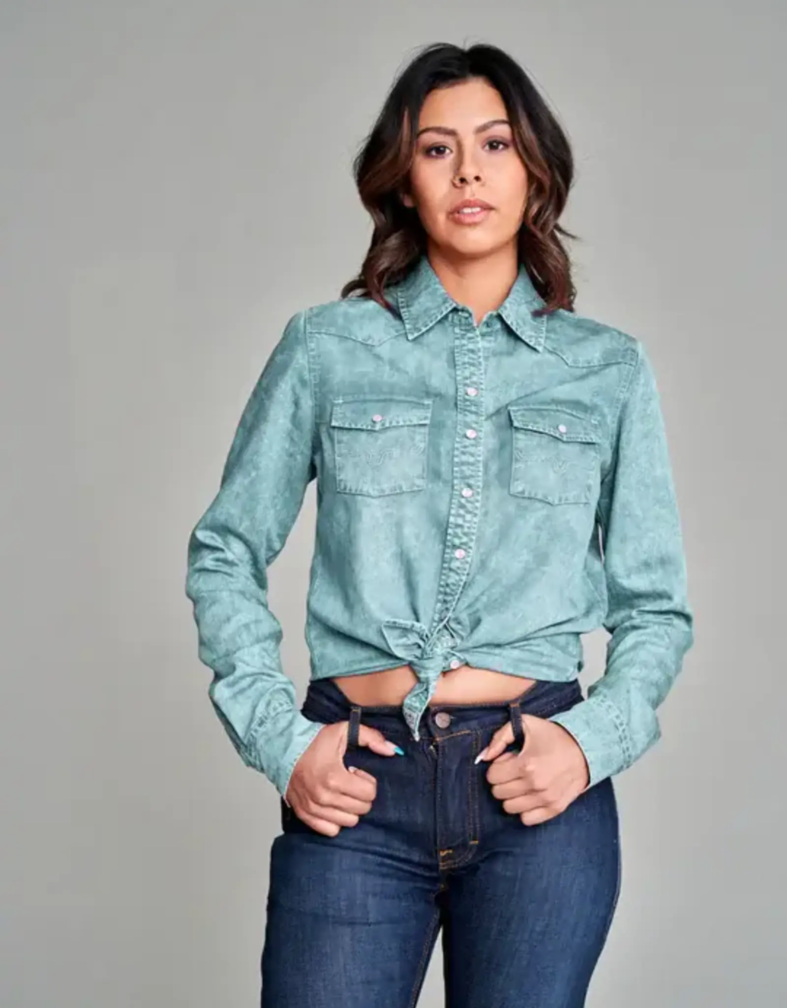 Womens Kimes Kaycee Light Blue Denim Tencel Denim Button Down Western Shirt